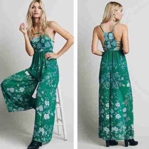 free people green floral jumpsuit